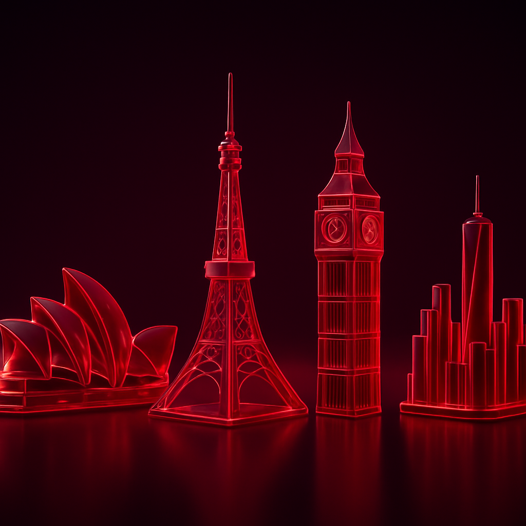 Four red glass world landmarks across a dark field